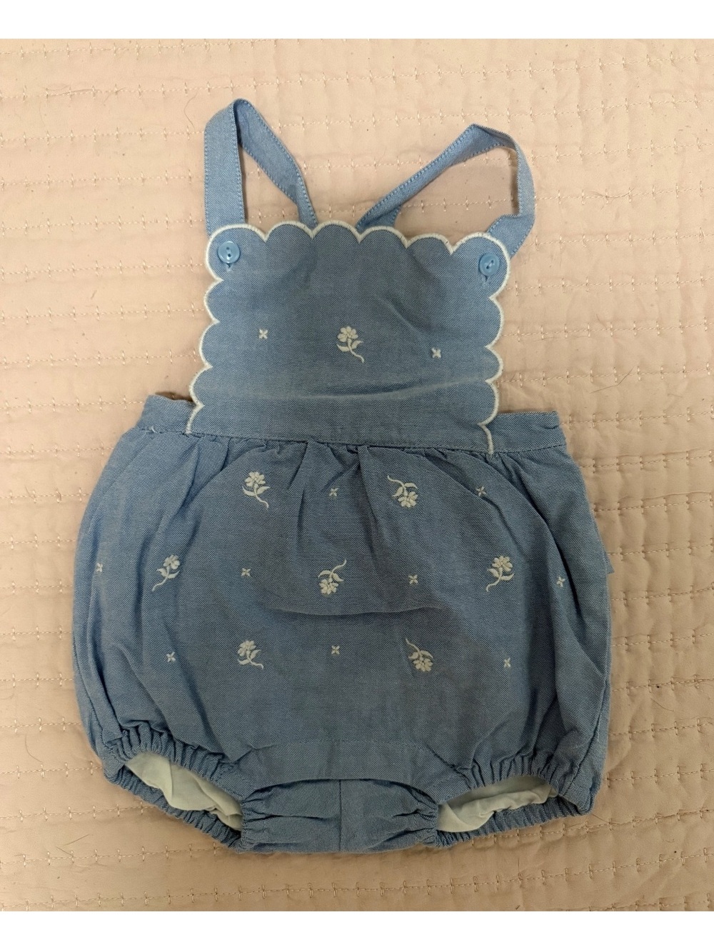 Janie and Jack Baby Girl 6-12M Chambray Floral Bubble Romper NWT